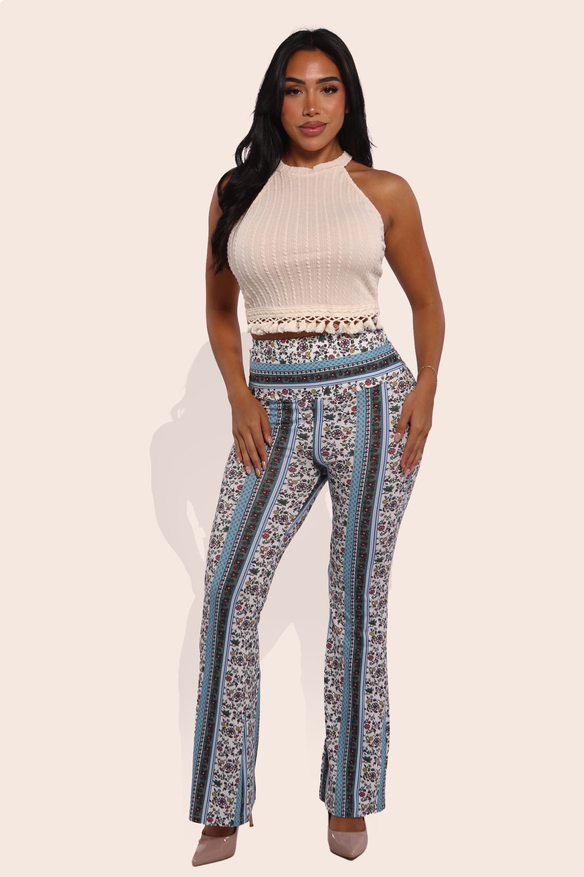 Wholesale Womens High Waist Buttery Soft Flare Palazzo Pants - White, Light Blue, Green, Pink Boho Print