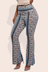 Wholesale Womens High Waist Buttery Soft Flare Palazzo Pants - White, Light Blue, Green, Pink Boho Print