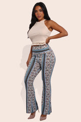 Wholesale Womens High Waist Buttery Soft Flare Palazzo Pants - White, Light Blue, Green, Pink Boho Print