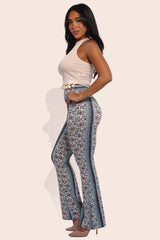 Wholesale Womens High Waist Buttery Soft Flare Palazzo Pants - White, Light Blue, Green, Pink Boho Print