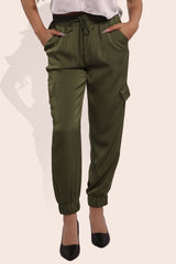 Wholesale Women's Satin Cargo Joggers With Self Waist Tie - Olive