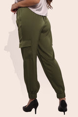 Wholesale Women's Satin Cargo Joggers With Self Waist Tie - Olive