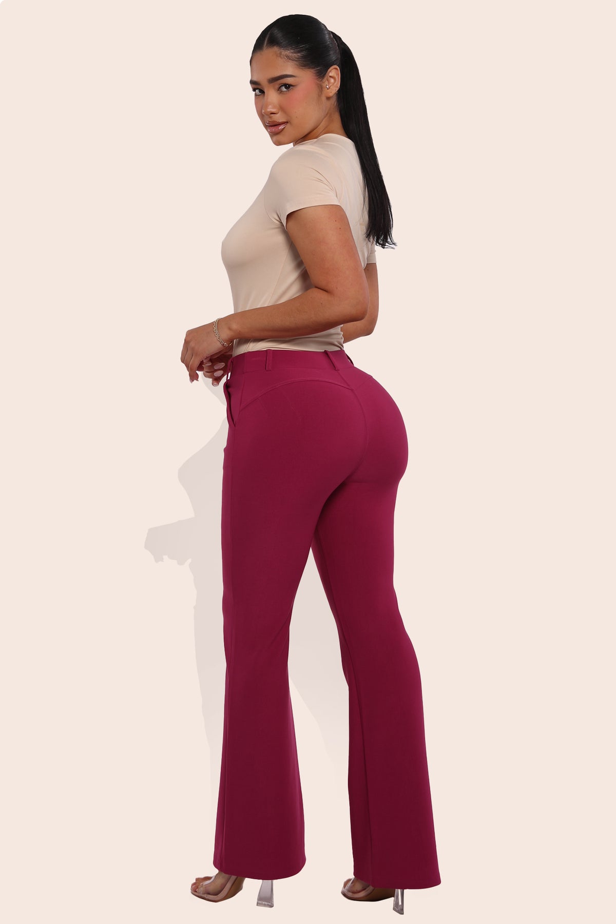 Wholesale Womens High Rise Pull On Sculpting Flare Pants - Magenta