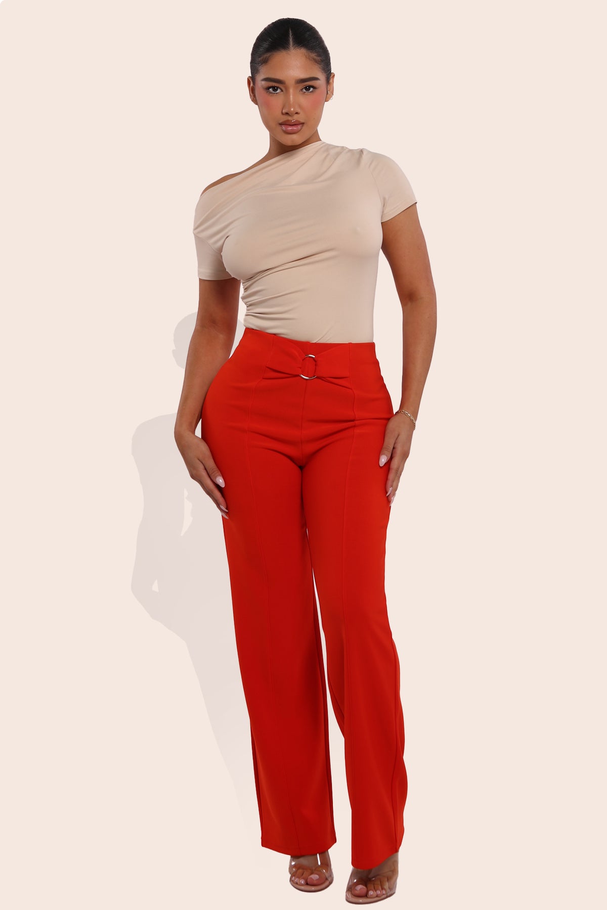 Wholesale Womens High Waist Straight Leg Pants With O-Ring Buckle Waist Detail - Vermilion