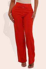 Wholesale Womens High Waist Straight Leg Pants With O-Ring Buckle Waist Detail - Vermilion