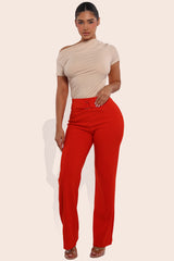 Wholesale Womens High Waist Straight Leg Pants With O-Ring Buckle Waist Detail - Vermilion