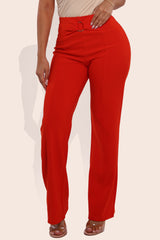 Wholesale Womens High Waist Straight Leg Pants With O-Ring Buckle Waist Detail - Vermilion