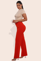 Wholesale Womens High Waist Straight Leg Pants With O-Ring Buckle Waist Detail - Vermilion