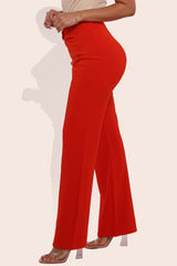 Wholesale Womens High Waist Straight Leg Pants With O-Ring Buckle Waist Detail - Vermilion