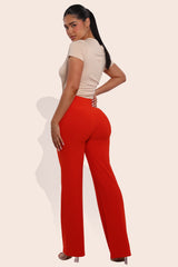 Wholesale Womens High Waist Straight Leg Pants With O-Ring Buckle Waist Detail - Vermilion