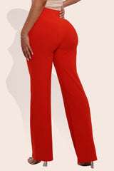 Wholesale Womens High Waist Straight Leg Pants With O-Ring Buckle Waist Detail - Vermilion