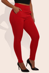 Wholesale Womens High Waist Sculpting Treggings With Front Pockets - Red