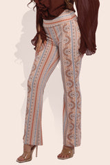 Wholesale Womens High Waist Soft Brushed Printed Flare Pants - Cream, Blue Boho