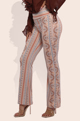 Wholesale Womens High Waist Soft Brushed Printed Flare Pants - Cream, Blue Boho