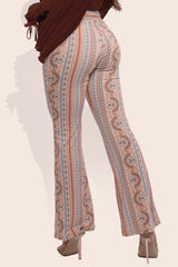 Wholesale Womens High Waist Soft Brushed Printed Flare Pants - Cream, Blue Boho