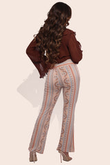 Wholesale Womens High Waist Soft Brushed Printed Flare Pants - Cream, Blue Boho