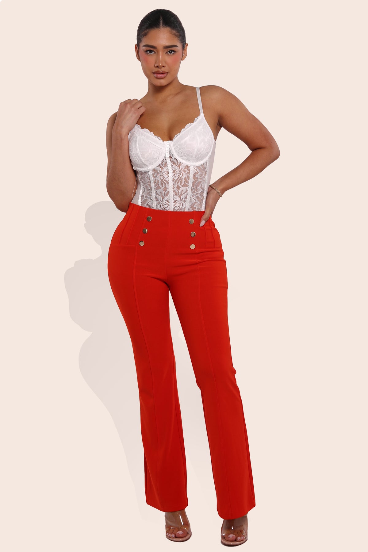 Wholesale Womens High Waist Sculpting Flare Pants With Metal Button Waist Detail - Vermilion