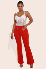 Wholesale Womens High Waist Sculpting Flare Pants With Metal Button Waist Detail - Vermilion