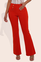 Wholesale Womens High Waist Sculpting Flare Pants With Metal Button Waist Detail - Vermilion