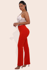 Wholesale Womens High Waist Sculpting Flare Pants With Metal Button Waist Detail - Vermilion