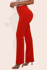 Wholesale Womens High Waist Sculpting Flare Pants With Metal Button Waist Detail - Vermilion