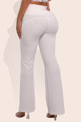 Wholesale Womens Tummy Control Butt Sculpting Flare Pants With Button Fly Waist Detail - White