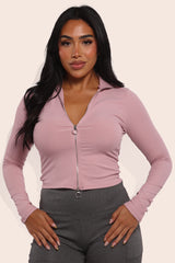 Wholesale Womens Mock Neck Long Sleeve Rib Knit Zip Up Crop Tops - Mauve