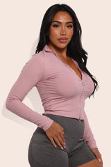 Wholesale Womens Mock Neck Long Sleeve Rib Knit Zip Up Crop Tops - Mauve