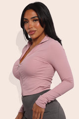 Wholesale Womens Mock Neck Long Sleeve Rib Knit Zip Up Crop Tops - Mauve