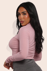 Wholesale Womens Mock Neck Long Sleeve Rib Knit Zip Up Crop Tops - Mauve