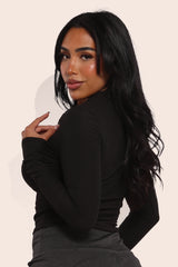 Wholesale Womens Mock Neck Long Sleeve Rib Knit Zip Up Crop Tops - Black