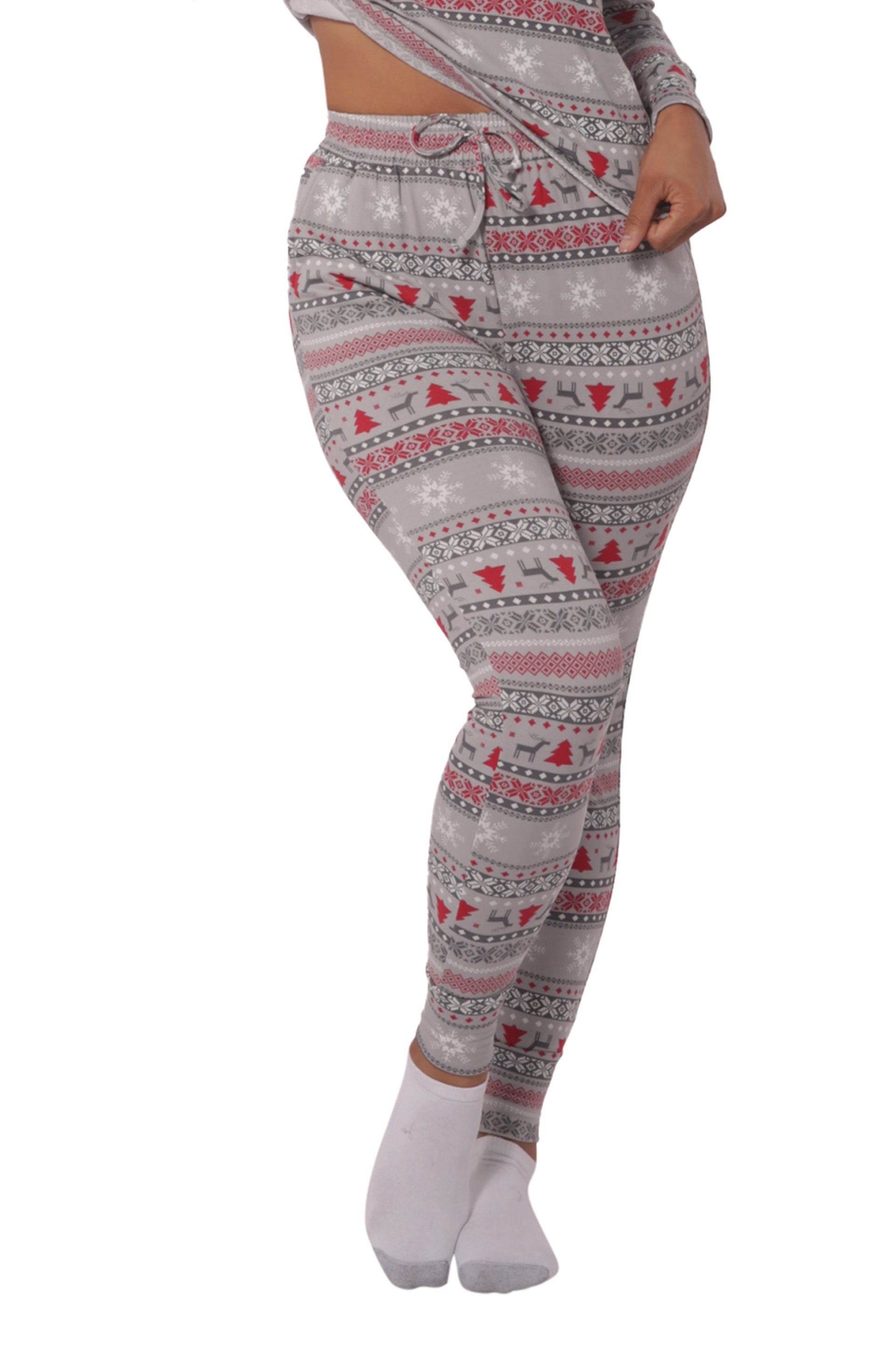Wholesale Womens Holiday Print Fleece Lined Long Sleeve Top & Sweatpants Pajama Set - Gray, Red & White