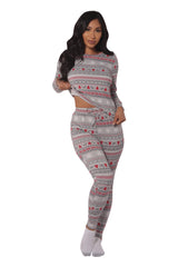 Wholesale Womens Holiday Print Fleece Lined Long Sleeve Top & Sweatpants Pajama Set - Gray, Red & White