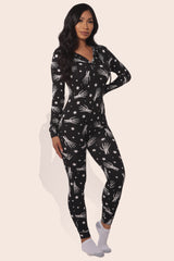 Wholesale Womens Fleece Lined Button Up Onesie Jumpsuit With Hoodie - Black, White, Halloween