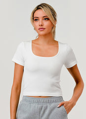 Wholesale Womens Rib Knit Square Neckline Short Sleeve Tops - White