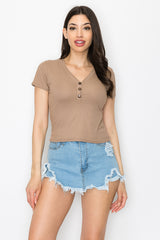 Wholesale Womens Button V-Neck Ribbed Short Sleeve T-Shirt Top - Taupe