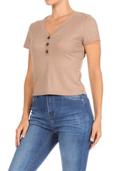 Wholesale Womens Button V-Neck Ribbed Short Sleeve T-Shirt Top - Taupe