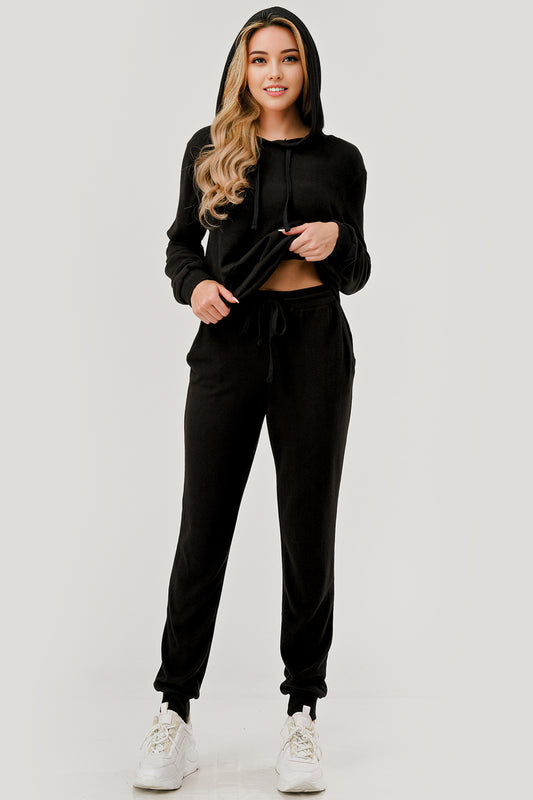 Wholesale Womens 2-Piece Set Sweater Knit Hoodie + Jogger Sweatpants - Black