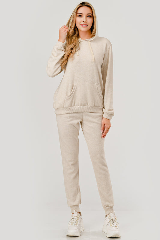 Wholesale Womens 2-Piece Set Sweater Knit Hoodie + Jogger Sweatpants - Heather Oatmeal