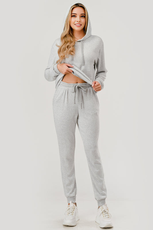 Wholesale Womens 2-Piece Set Sweater Knit Hoodie + Jogger Sweatpants - Light Heather Gray