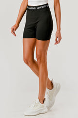 Wholesale Womens Elastic Waistband Sports Shorts With Wording - Black