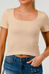 Wholesale Womens Rib Knit Square Neckline Short Sleeve Tops - Taupe