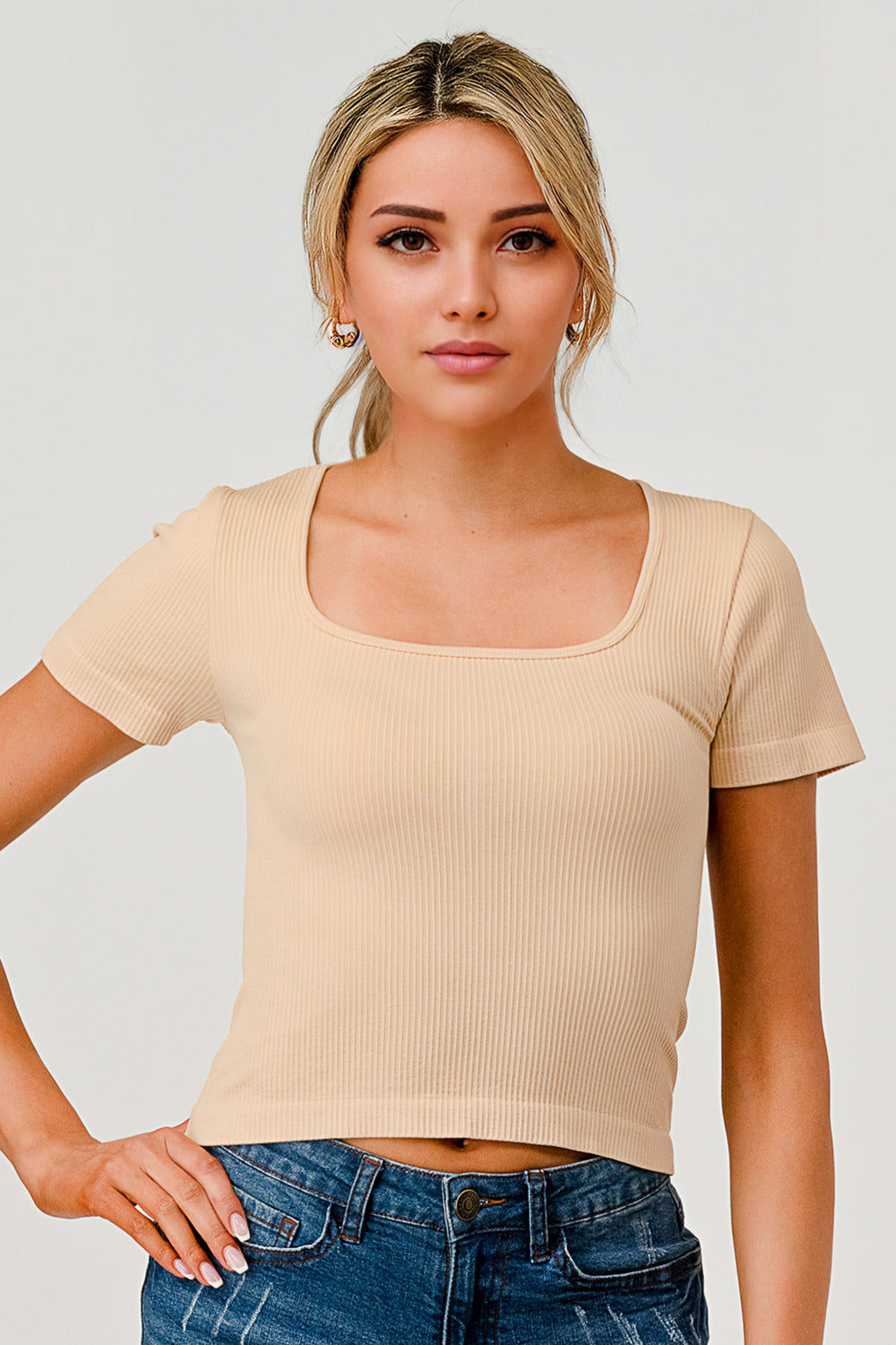 Wholesale Womens Rib Knit Square Neckline Short Sleeve Tops - Taupe