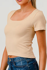 Wholesale Womens Rib Knit Square Neckline Short Sleeve Tops - Taupe