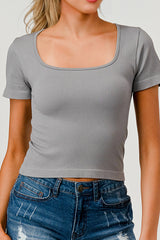 Wholesale Womens Rib Knit Square Neckline Short Sleeve Tops - Gray