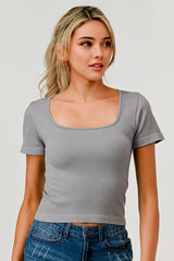 Wholesale Womens Rib Knit Square Neckline Short Sleeve Tops - Gray