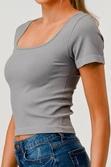 Wholesale Womens Rib Knit Square Neckline Short Sleeve Tops - Gray