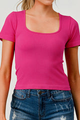 Wholesale Womens Rib Knit Square Neckline Short Sleeve Tops - Fuchsia