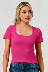 Wholesale Womens Rib Knit Square Neckline Short Sleeve Tops - Fuchsia