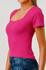 Wholesale Womens Rib Knit Square Neckline Short Sleeve Tops - Fuchsia